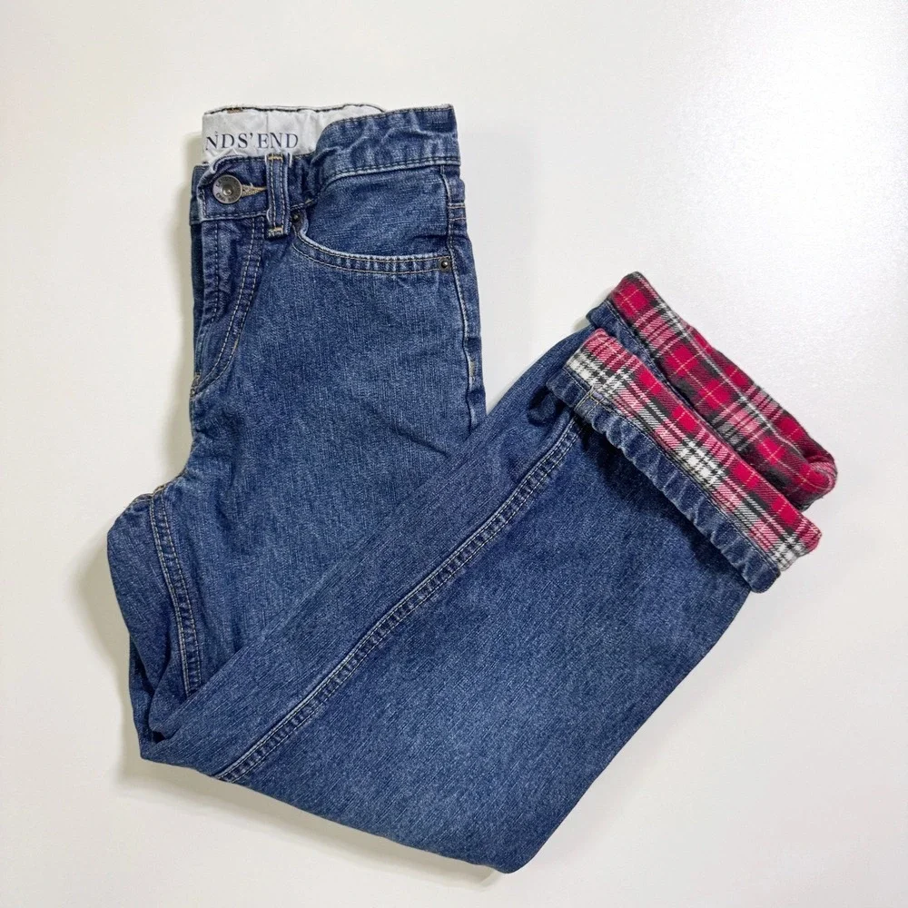 Lands End Flannel Lined Jeans Kids 10 Slim Plaid Straight Leg Adjustable Waist